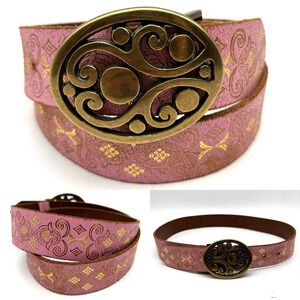 Vintage 00s Y2K Pellemelle Pink Gold Leather Filigree Belt Size M 32" USA Made